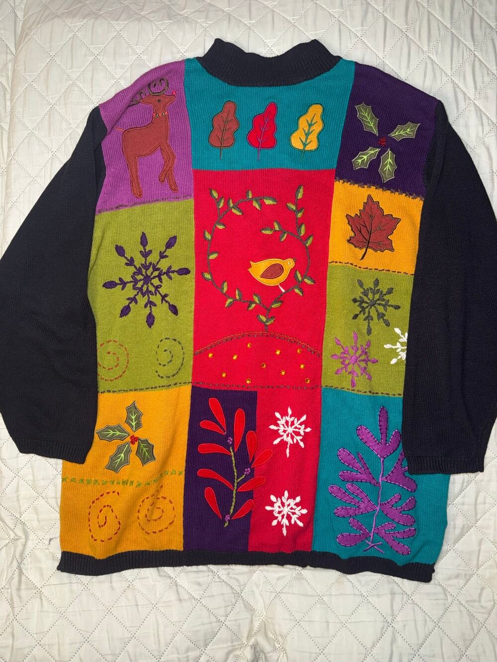 Vintage CST Sport Christmas Sweater 2X Patchwork Reindeer Snowflake Ramie Cotton
